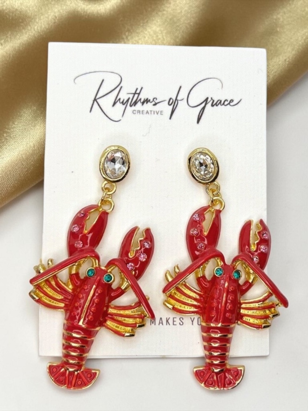 Crawfish Earrings Red Enamel Louisiana Cajun Mardi Gras Rhinestone Dangle NWT
